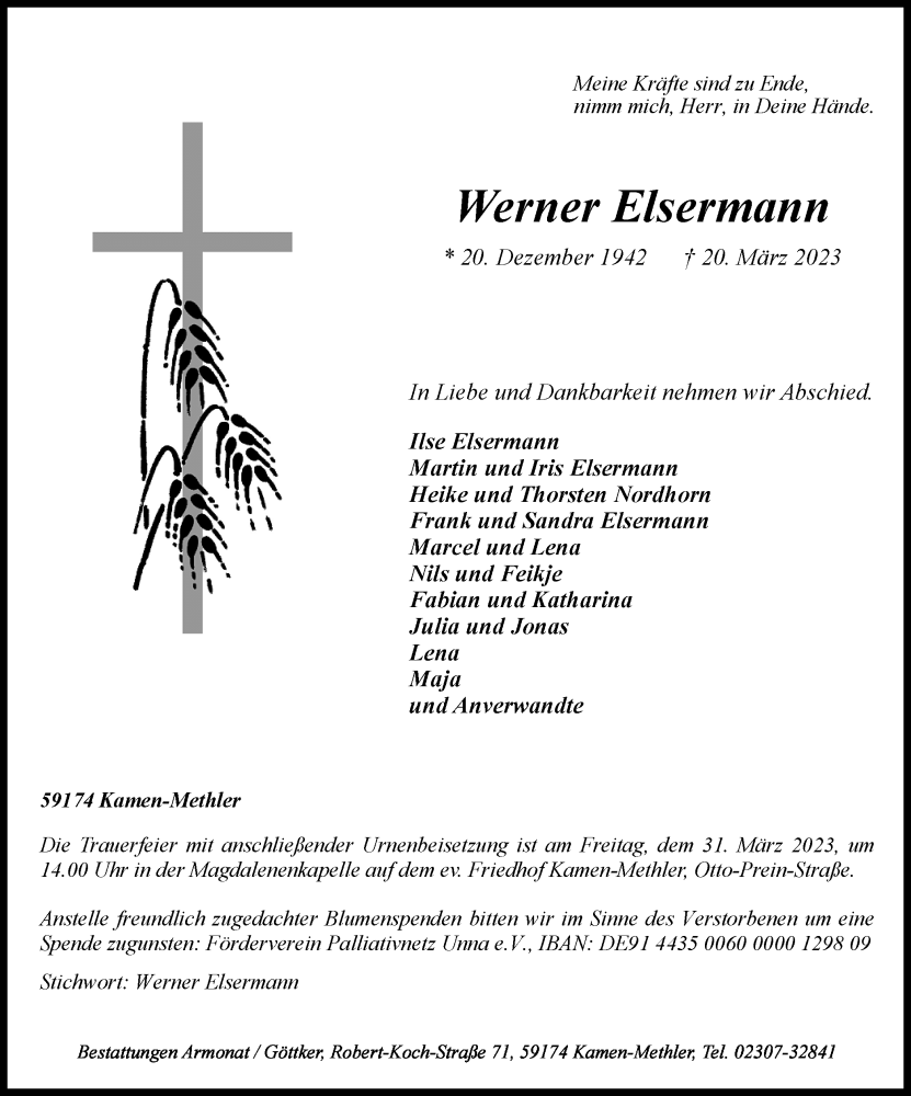  Traueranzeige für Werner Elsermann vom 23.03.2023 aus Hellweger Anzeiger