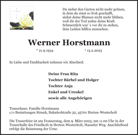 Traueranzeige von Werner Horstmann von Medienhaus Bauer