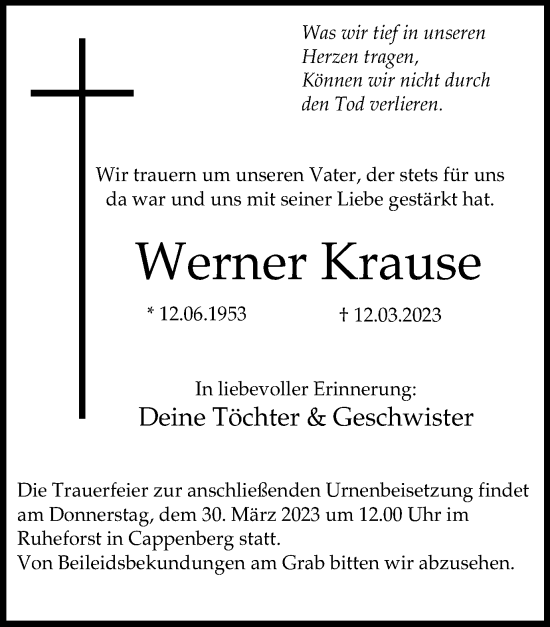 Traueranzeige von Werner Krause von Hellweger Anzeiger