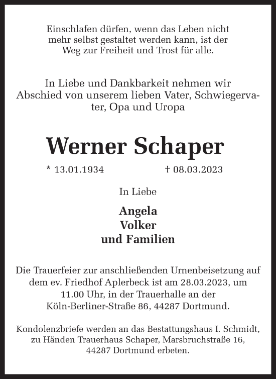 Traueranzeige von Werner Schaper 