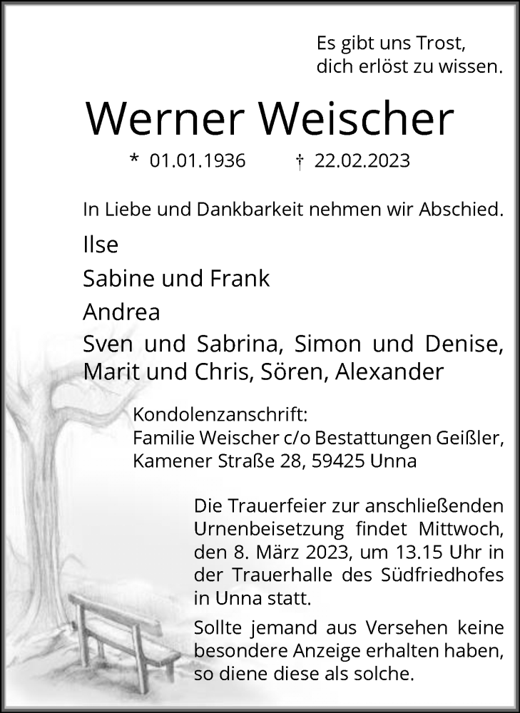  Traueranzeige für Werner Weischer vom 01.03.2023 aus Hellweger Anzeiger