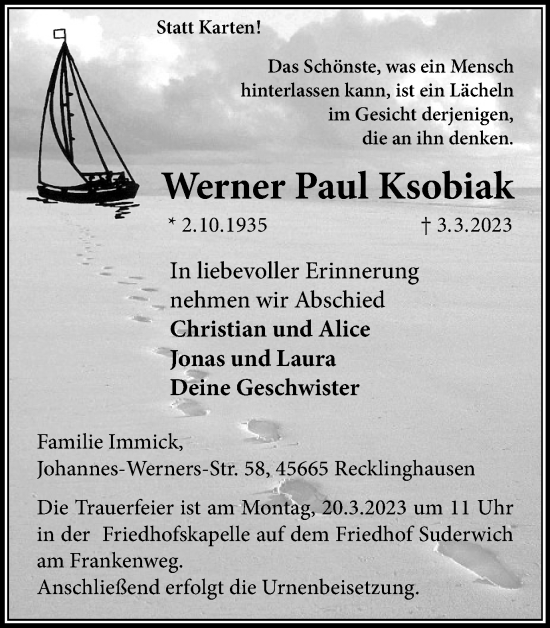 Traueranzeige von Werner Paul Ksobiak von Medienhaus Bauer