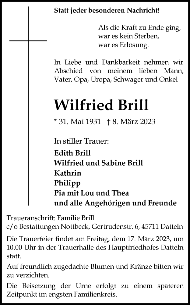  Traueranzeige für Wilfried Brill vom 11.03.2023 aus Medienhaus Bauer