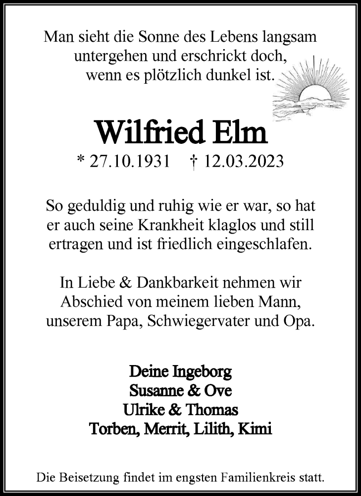  Traueranzeige für Wilfried Elm vom 18.03.2023 aus Medienhaus Bauer
