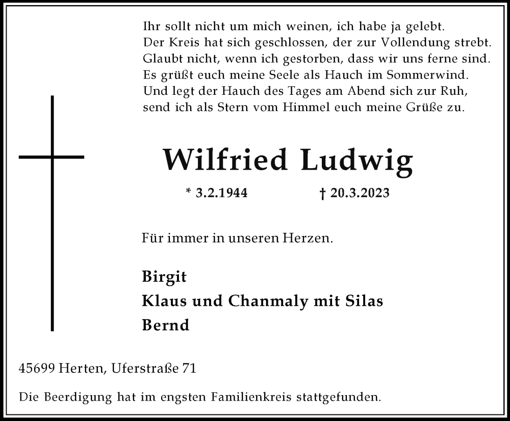  Traueranzeige für Wilfried Ludwig vom 25.03.2023 aus Medienhaus Bauer