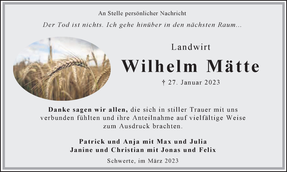  Traueranzeige für Wilhelm Mätte vom 11.03.2023 aus Ruhr Nachrichten
