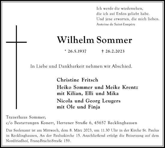 Traueranzeige von Wilhelm Sommer von Medienhaus Bauer