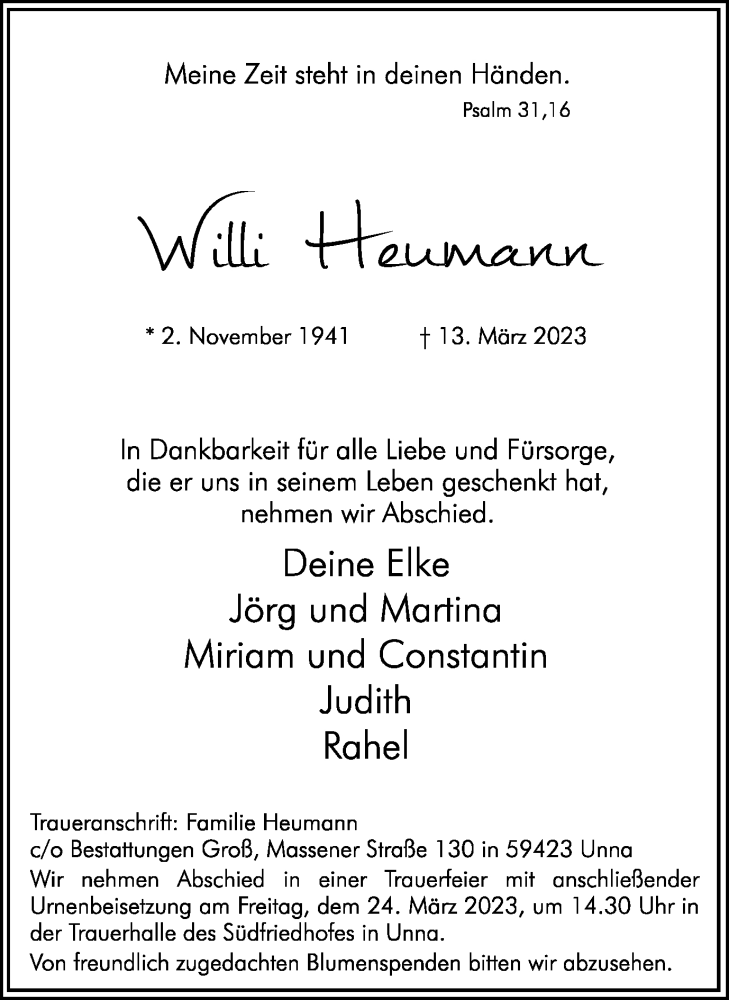  Traueranzeige für Willi Heumann vom 18.03.2023 aus Hellweger Anzeiger