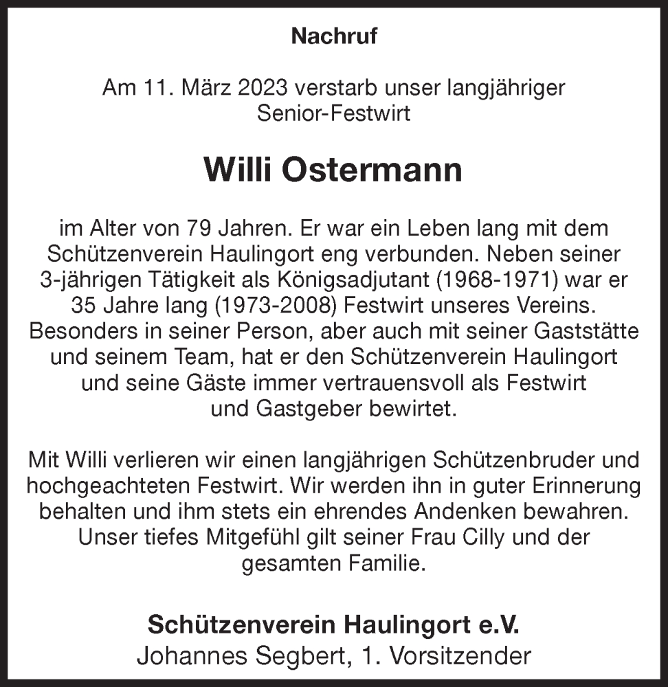  Traueranzeige für Willi Ostermann vom 17.03.2023 aus Münstersche Zeitung und Münsterland Zeitung