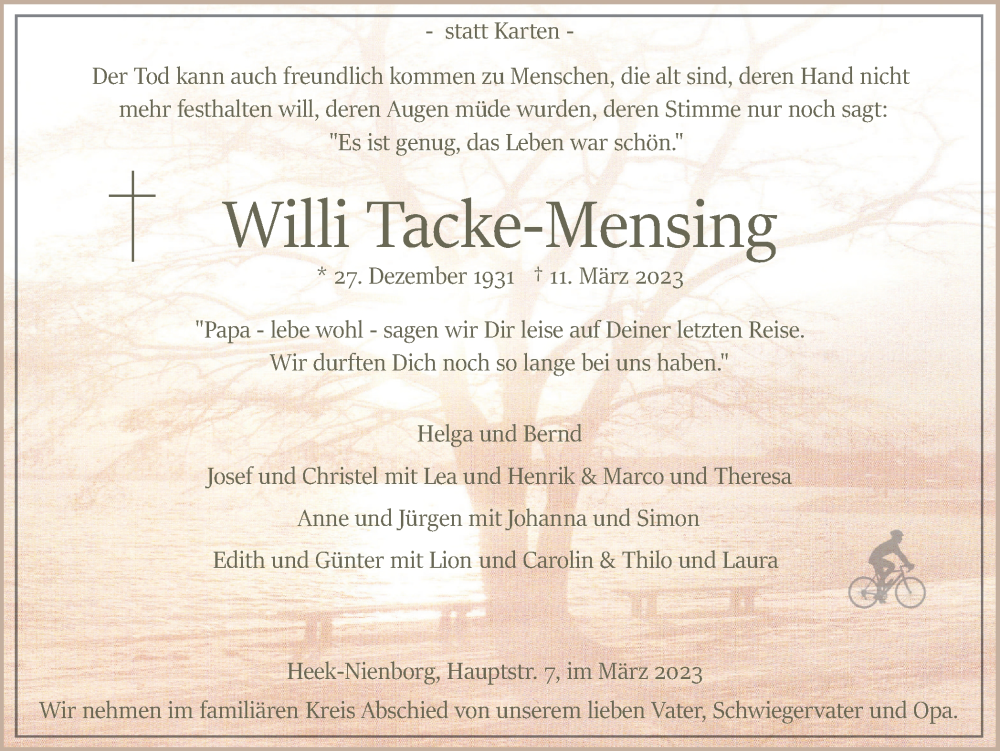  Traueranzeige für Willi TackeMensing vom 18.03.2023 aus Münstersche Zeitung und Münsterland Zeitung
