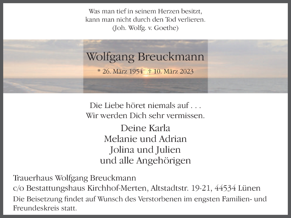  Traueranzeige für Wolfgang Breuckmann vom 18.03.2023 aus Hellweger Anzeiger