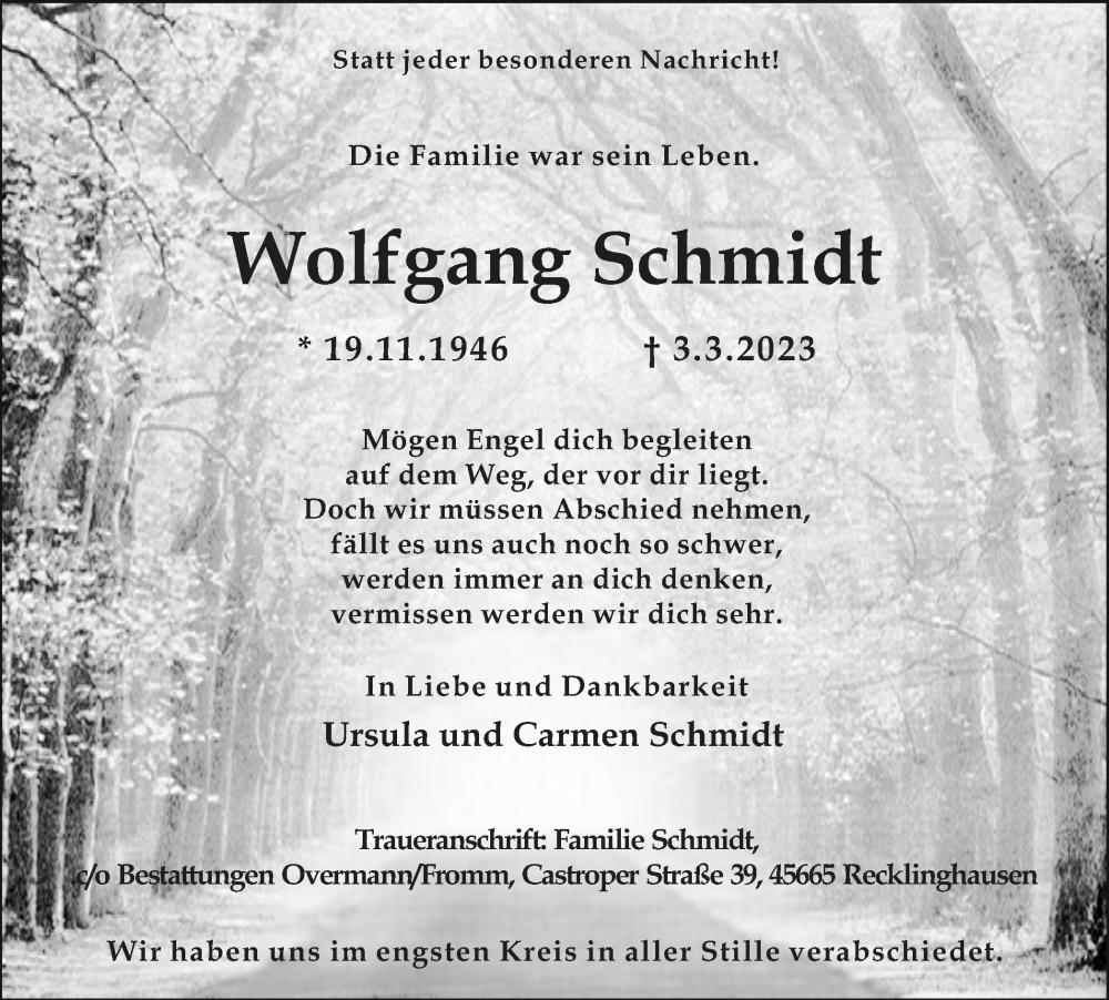  Traueranzeige für Wolfgang Schmidt vom 18.03.2023 aus Medienhaus Bauer