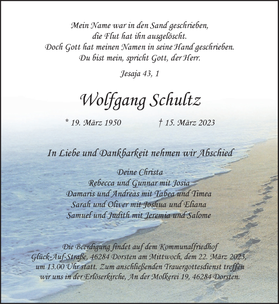  Traueranzeige für Wolfgang Schultz vom 18.03.2023 aus Ruhr Nachrichten und Dorstener Zeitung