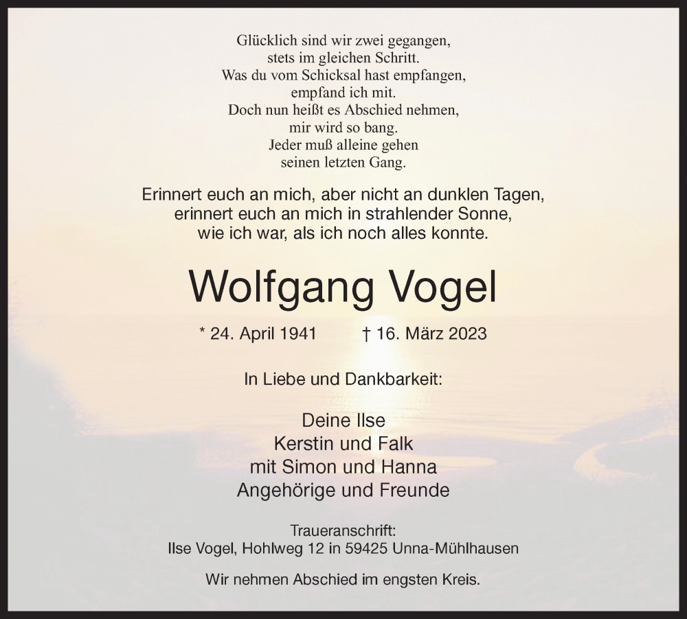 Traueranzeige für Wolfgang Vogel vom 20.03.2023 aus Hellweger Anzeiger