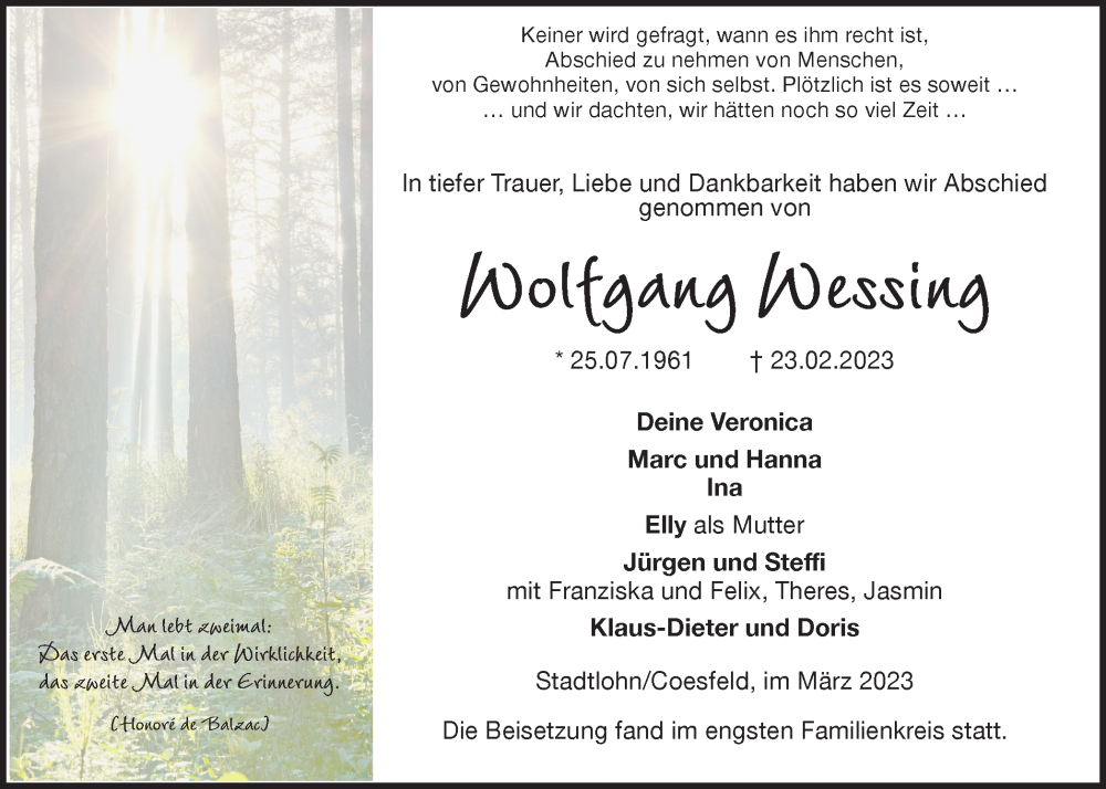  Traueranzeige für Wolfgang Wessing vom 14.03.2023 aus Münstersche Zeitung und Münsterland Zeitung