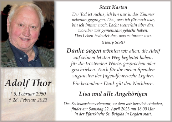 Traueranzeige von Adolf Thor von Münstersche Zeitung und Münsterland Zeitung