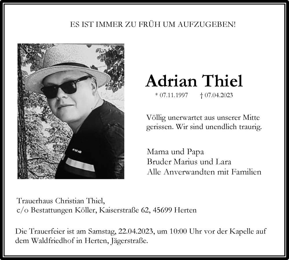  Traueranzeige für Adrian Thiel vom 15.04.2023 aus Medienhaus Bauer
