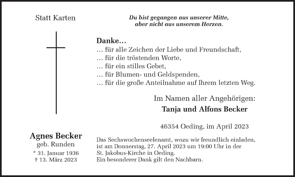  Traueranzeige für Agnes Becker vom 24.04.2023 aus Münstersche Zeitung und Münsterland Zeitung