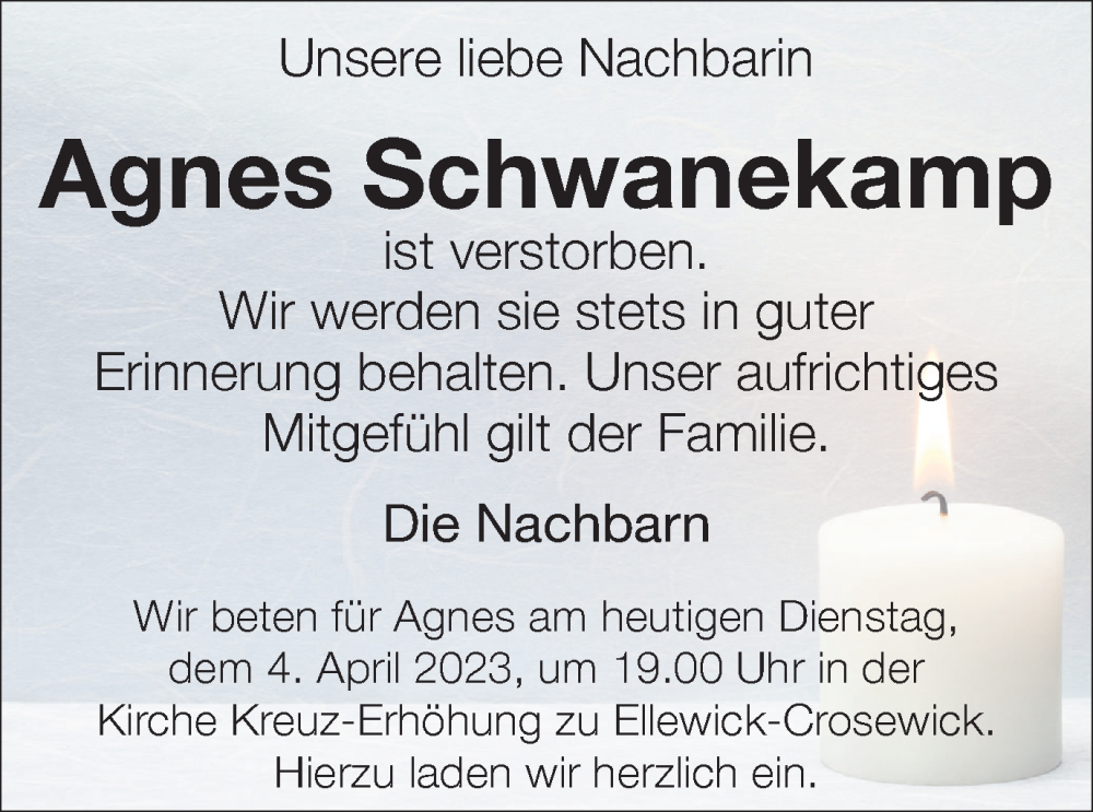  Traueranzeige für Agnes Schwanekamp vom 04.04.2023 aus Münstersche Zeitung und Münsterland Zeitung