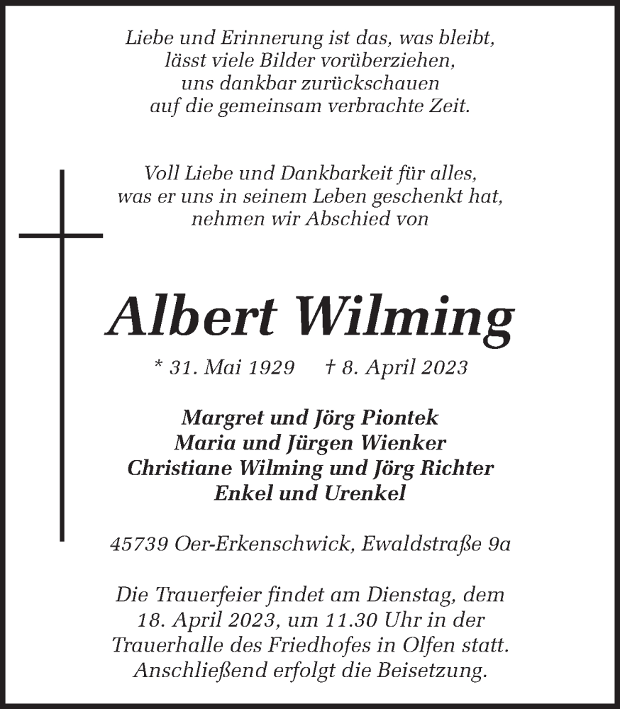  Traueranzeige für Albert Wilming vom 13.04.2023 aus Ruhr Nachrichten