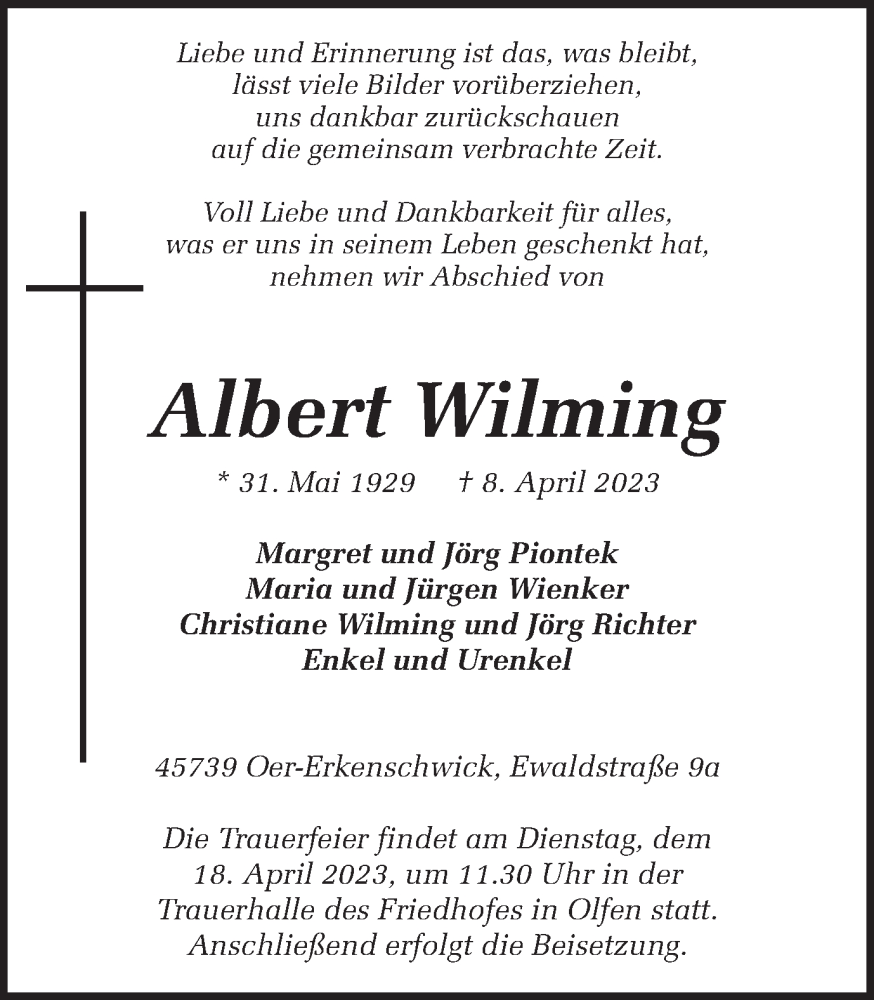 Traueranzeige für Albert Wilming vom 13.04.2023 aus Medienhaus Bauer