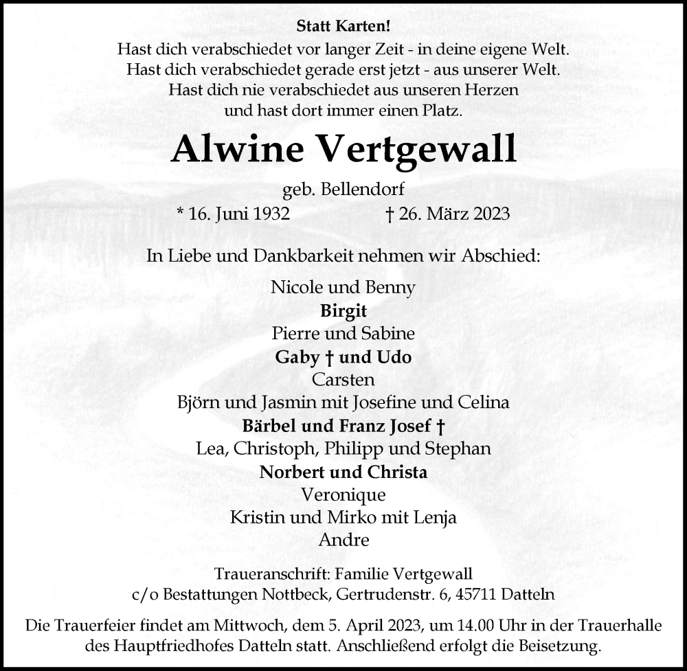  Traueranzeige für Alwine Vertgewall vom 01.04.2023 aus Medienhaus Bauer