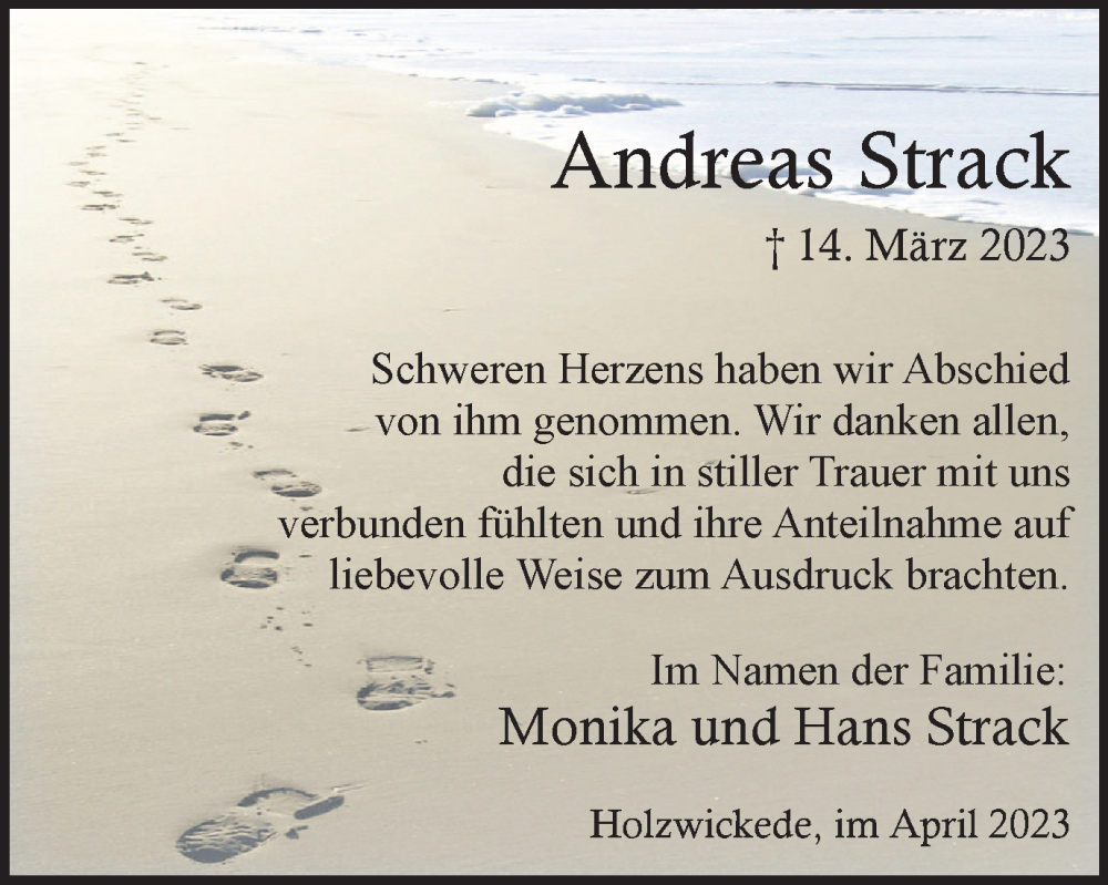  Traueranzeige für Andreas Strack vom 15.04.2023 aus Hellweger Anzeiger