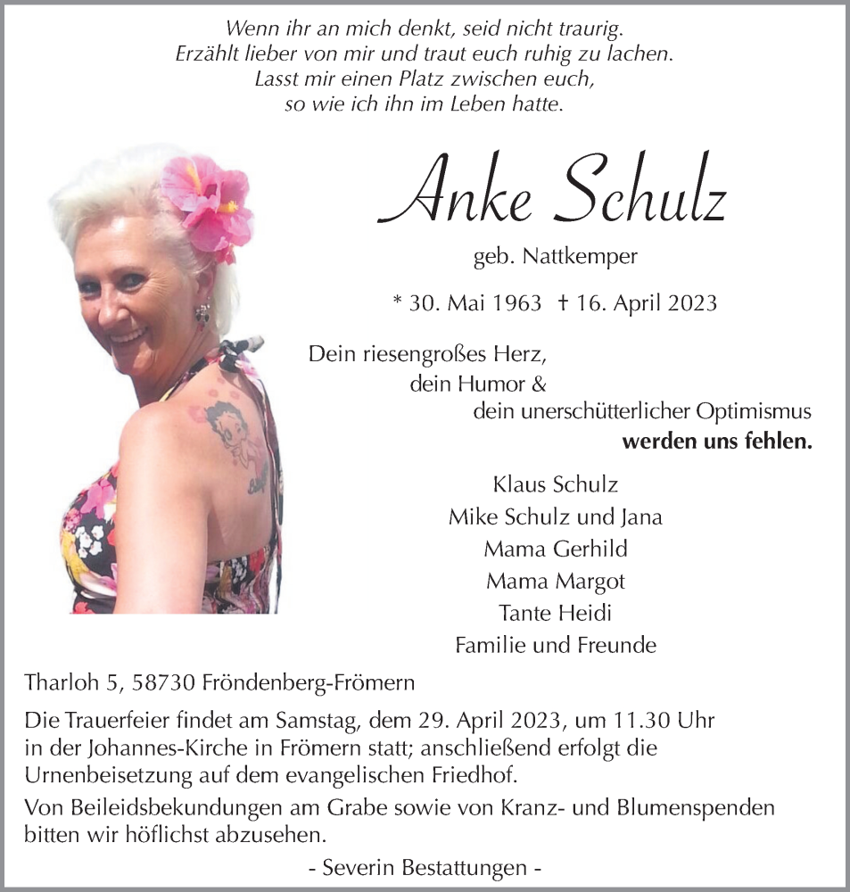  Traueranzeige für Anke Schulz vom 22.04.2023 aus Hellweger Anzeiger