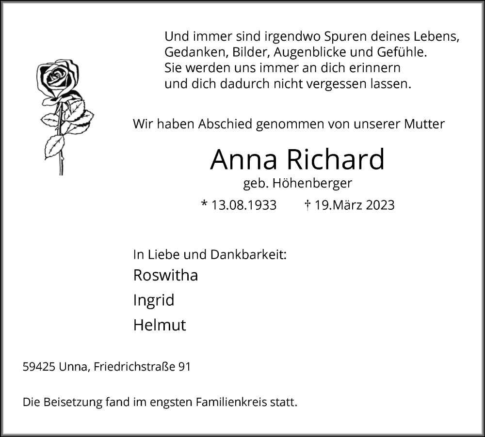 Traueranzeige für Anna Richard vom 01.04.2023 aus Hellweger Anzeiger