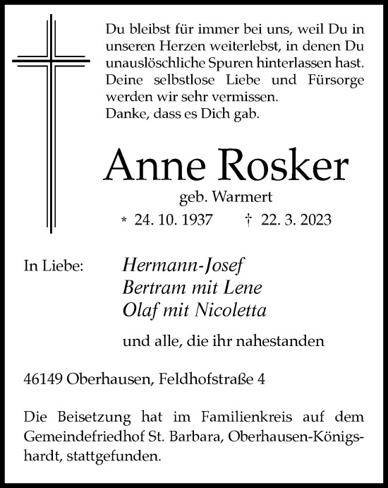 Traueranzeige von Anne Rosker von Münstersche Zeitung und Münsterland Zeitung