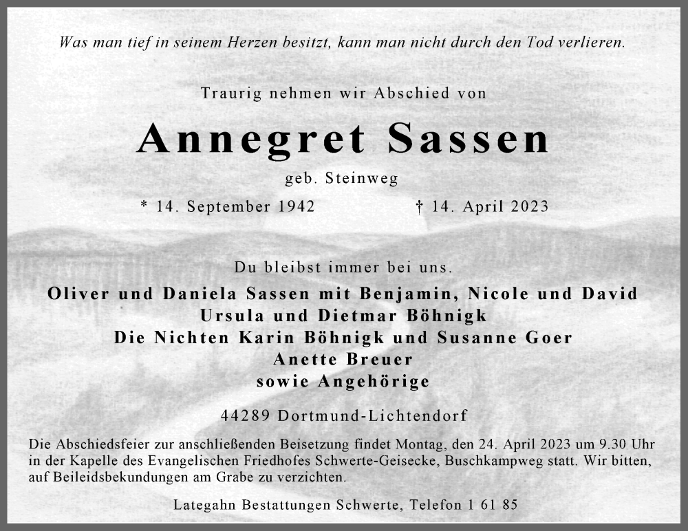  Traueranzeige für Annegret Sassen vom 20.04.2023 aus Ruhr Nachrichten