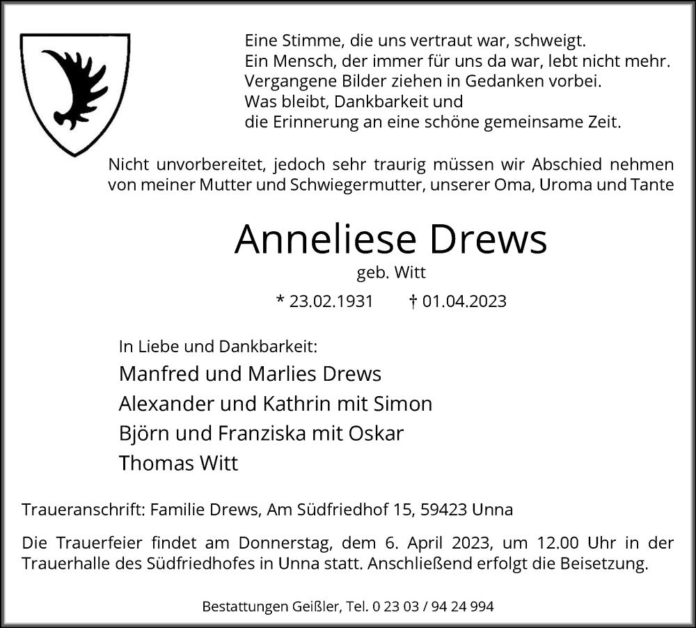  Traueranzeige für Anneliese Drews vom 04.04.2023 aus Hellweger Anzeiger