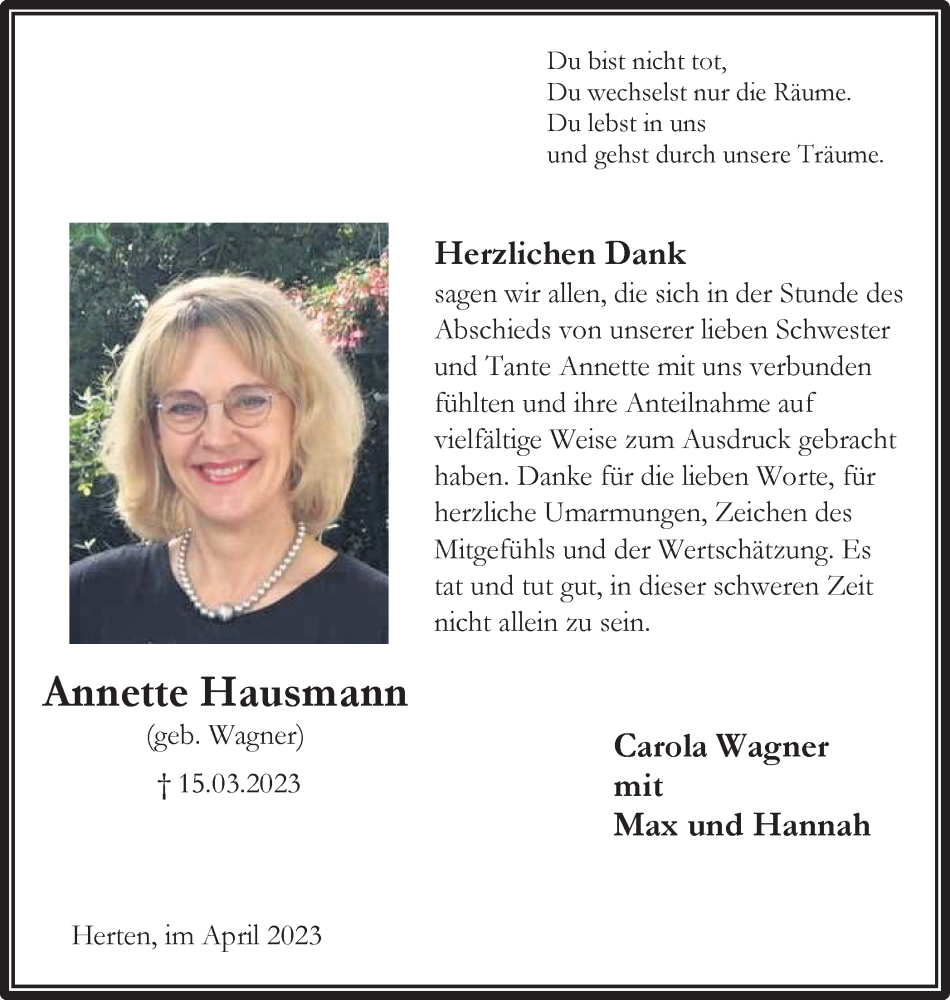  Traueranzeige für Annette Hausmann vom 15.04.2023 aus Medienhaus Bauer