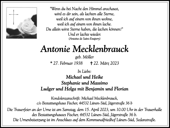 Traueranzeige von Antonie Mecklenbrauck von Ruhr Nachrichten
