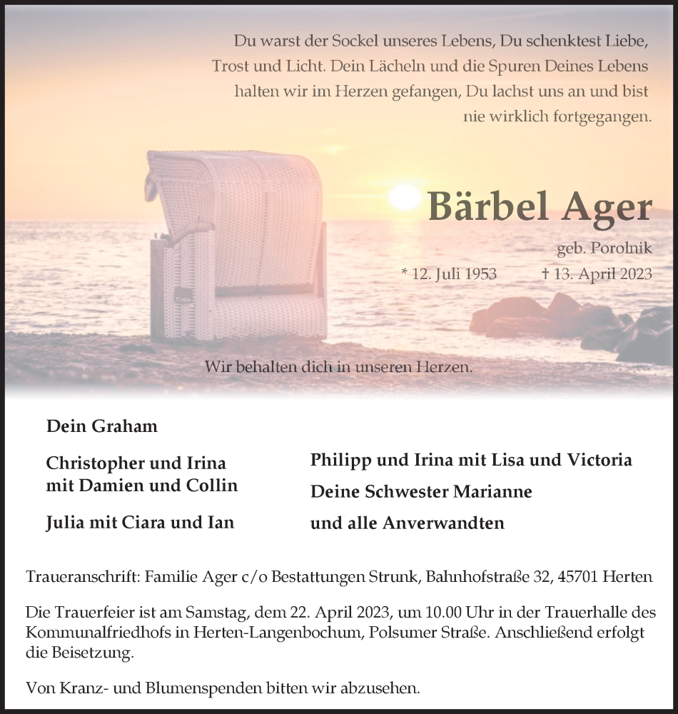  Traueranzeige für Bärbel Ager vom 19.04.2023 aus Medienhaus Bauer