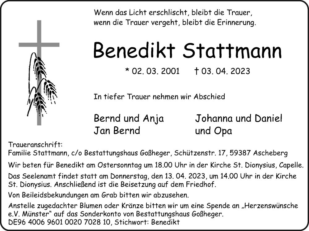  Traueranzeige für Benedikt Stattmann vom 08.04.2023 aus Ruhr Nachrichten
