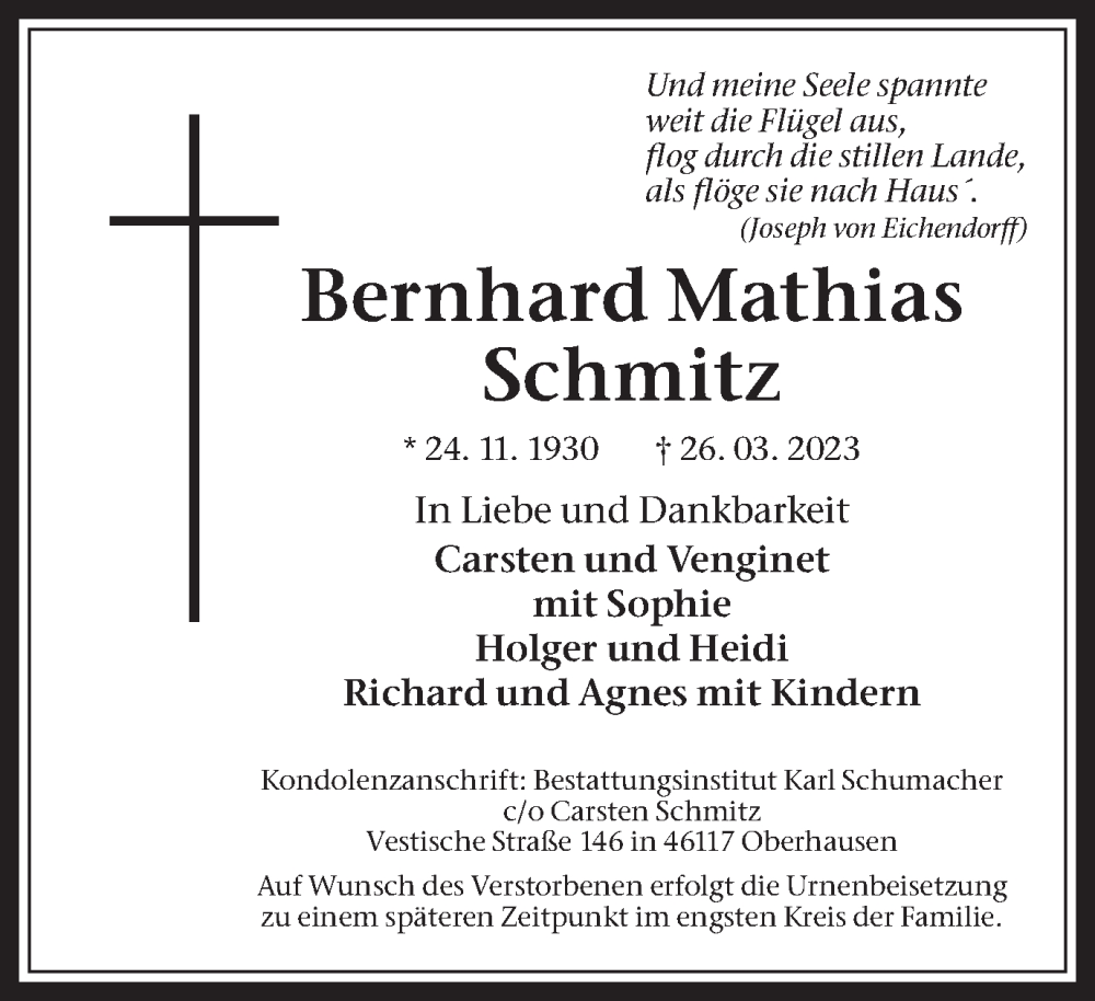  Traueranzeige für Bernhard Mathias Schmitz vom 01.04.2023 aus Medienhaus Bauer