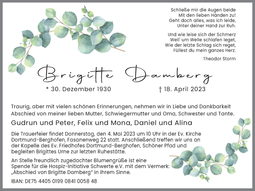  Traueranzeige für Brigitte Damberg vom 29.04.2023 aus 