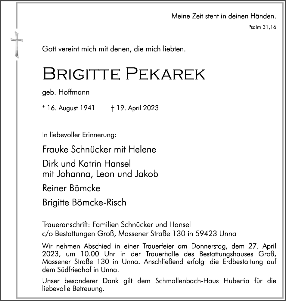  Traueranzeige für Brigitte Pekarek vom 22.04.2023 aus Hellweger Anzeiger