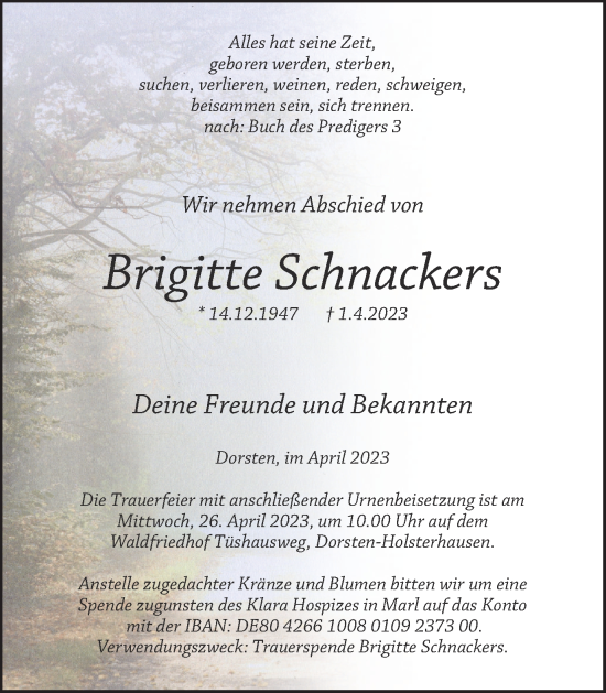 Traueranzeige von Brigitte Schnackers von Ruhr Nachrichten und Dorstener Zeitung