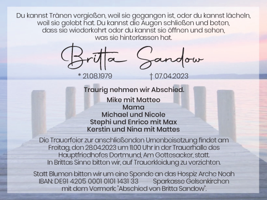 Traueranzeige von Britta Sandow 