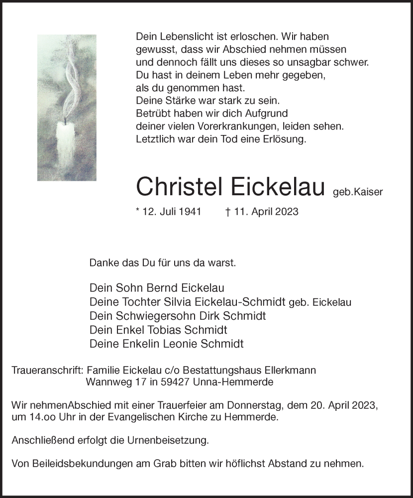  Traueranzeige für Christel Eickelau vom 17.04.2023 aus Hellweger Anzeiger