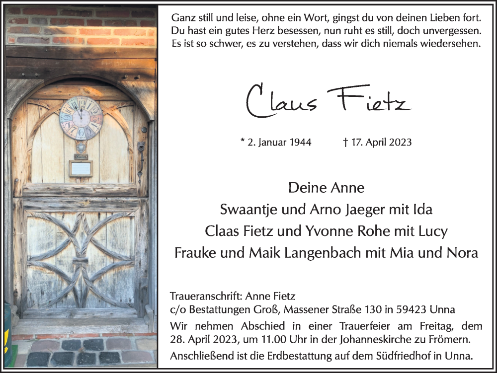  Traueranzeige für Claus Fietz vom 22.04.2023 aus Hellweger Anzeiger
