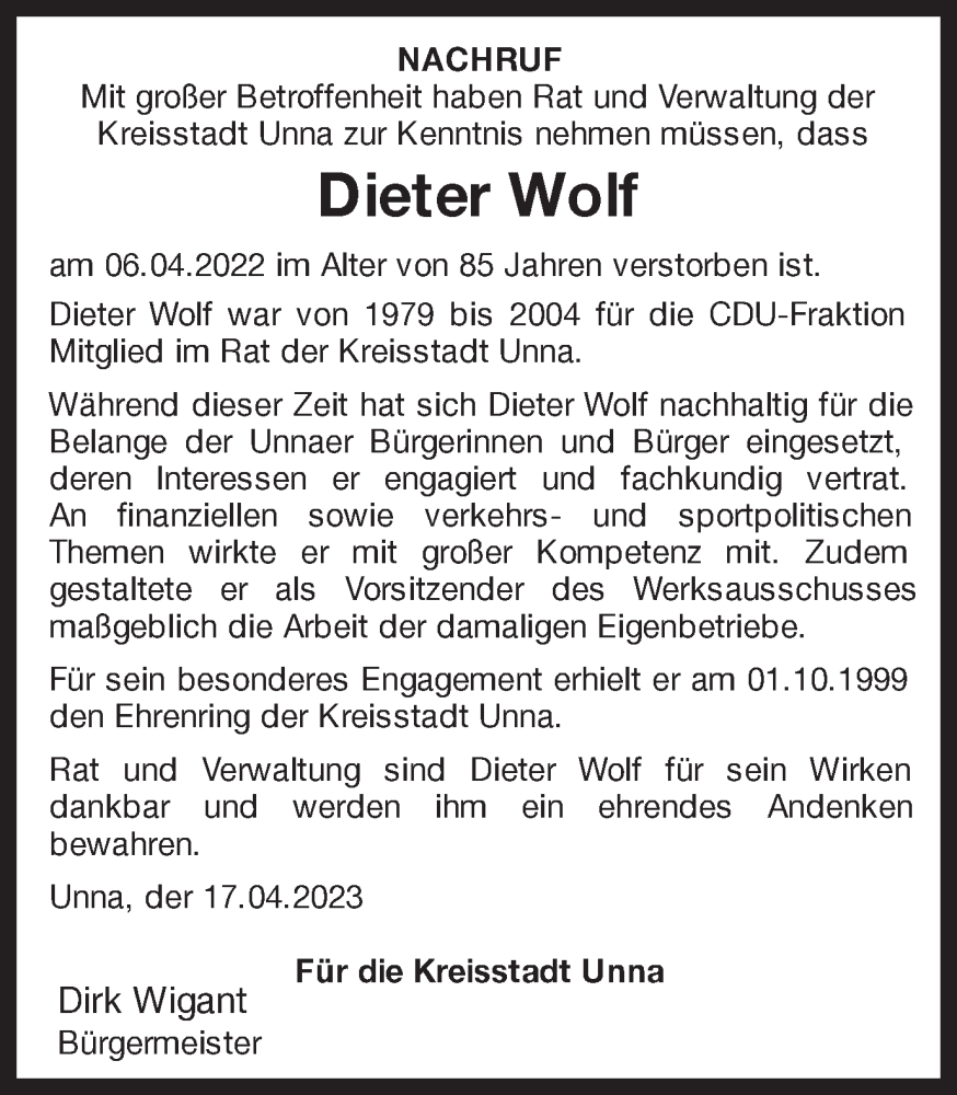 Traueranzeige für Dieter Wolf vom 20.04.2023 aus Hellweger Anzeiger
