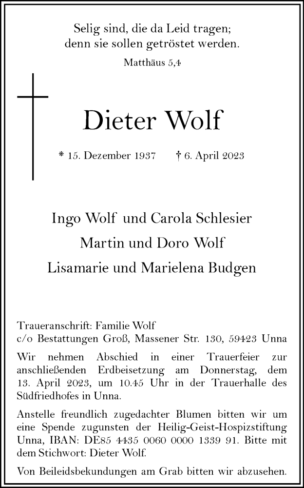  Traueranzeige für Dieter Wolf vom 11.04.2023 aus Hellweger Anzeiger
