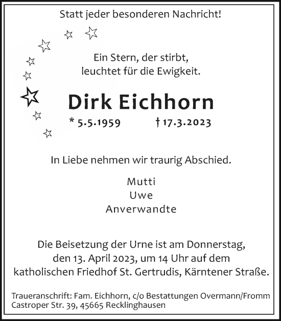 Traueranzeige von Dirk Eichhorn von Medienhaus Bauer