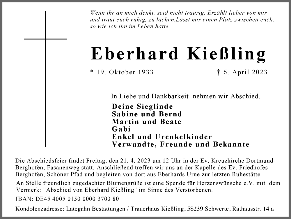  Traueranzeige für Eberhard Kießling vom 15.04.2023 aus 