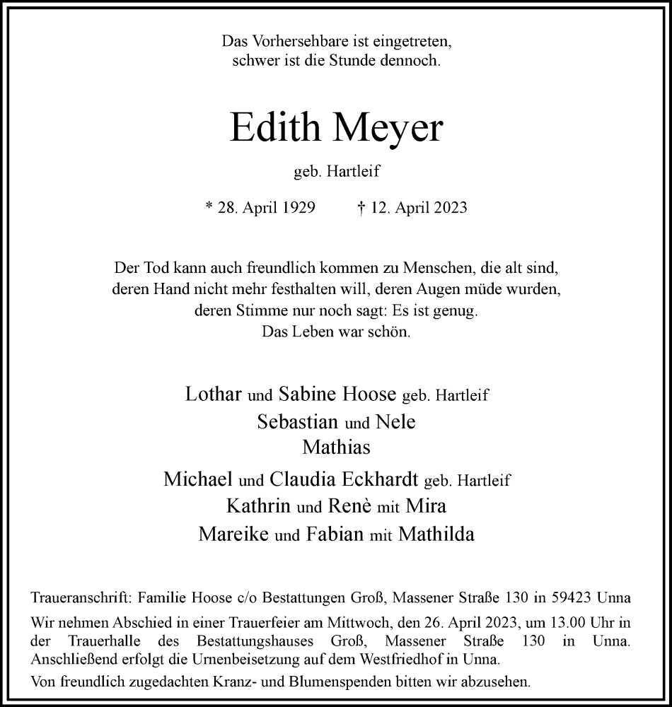  Traueranzeige für Edith Meyer vom 22.04.2023 aus Hellweger Anzeiger