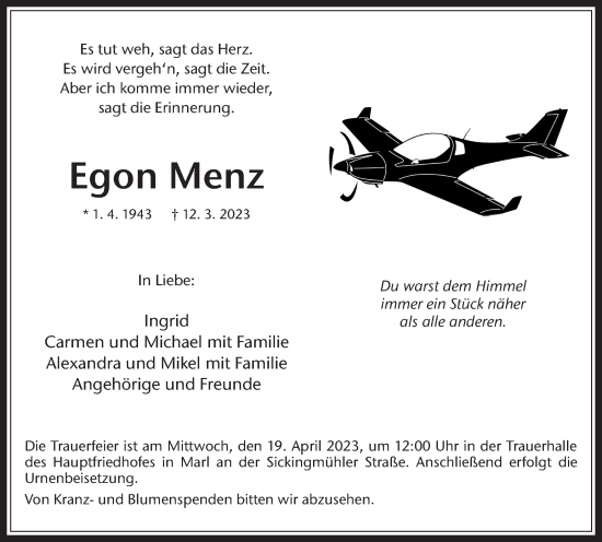 Traueranzeige von Egon Menz von Medienhaus Bauer