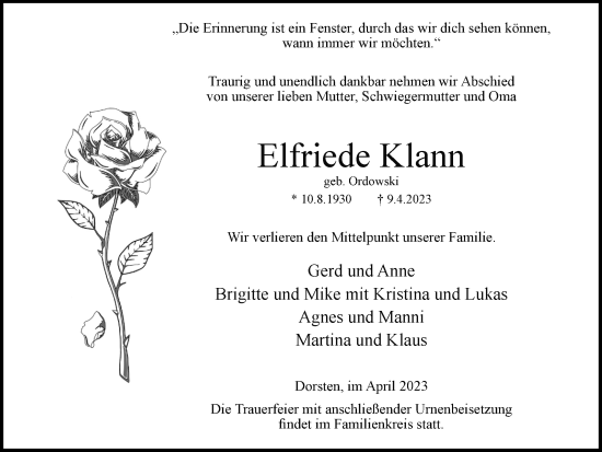 Traueranzeige von Elfriede Klann von Ruhr Nachrichten und Dorstener Zeitung